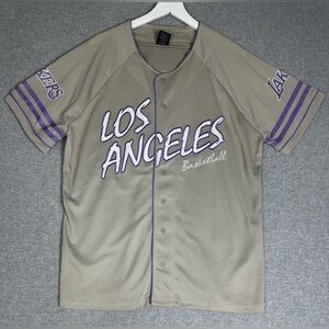 Los Angeles Lakers Shirt Mens Large Gray Purple NBA Basketball Button Jersey Top